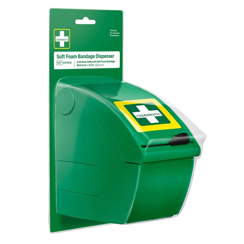 O dispensador de pensos de espuma macia Cederroth azul da Orkla Wound Care AB é um dispensador azul num cartão de parede com a inscrição "Soft Foam Bandage Dispenser". Com frente de puxar para baixo e símbolo de cruz, é ideal para primeiros socorros rápidos com pensos autoadesivos.