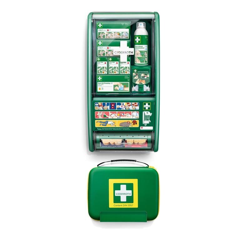 A Orkla Wound Care AB Cederroth estação de primeiros socorros din-set 13157 possui uma estação de primeiros socorros montada na parede verde com compartimentos organizados e um kit portátil, embalado em uma caixa (1 pacote).