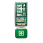 A Orkla Wound Care AB Cederroth estação de primeiros socorros din-set 13157 possui uma estação de primeiros socorros montada na parede verde com compartimentos organizados e um kit portátil, embalado em uma caixa (1 pacote).