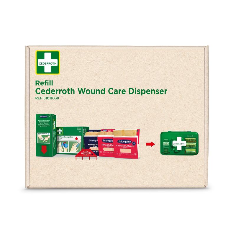 Uma caixa com a inscrição "Cederroth first aid recarga para cederroth dispensador de cuidados de feridas ref 51011006" da Orkla Wound Care AB, com produtos de cuidados de feridas e um dispensador verde. O logotipo da Cederroth está no canto superior esquerdo.