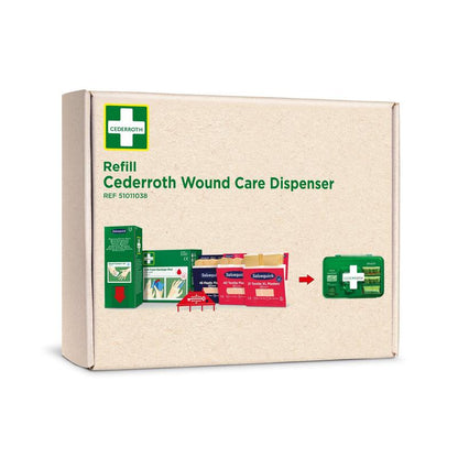 Uma caixa com a inscrição "Cederroth First Aid Recarga para dispensador de cuidados de feridas REF 51011006" da Orkla Wound Care AB, que mostra na frente vários produtos de primeiros socorros e um dispensador verde.