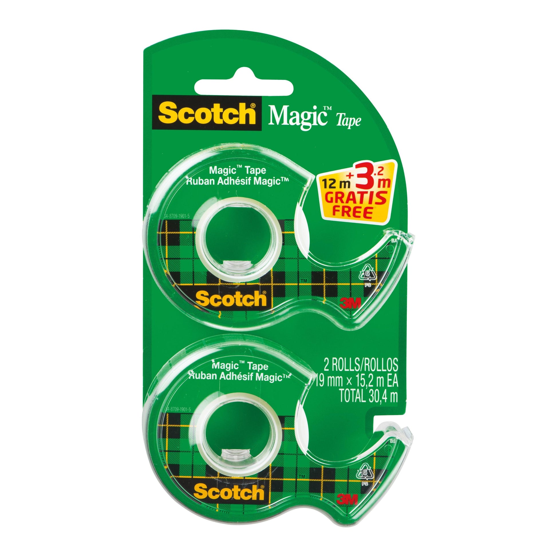 Die Packung der 3M Deutschland GmbH Scotch® Magic™ Unsichtbares Klebeband enthält 2 Rollen (19 mm x 12 m + 3,2 m gratis) und einen transparenten Abroller mit einer Gesamtlänge von 30,4 m, verpackt auf einem grünen Träger.
