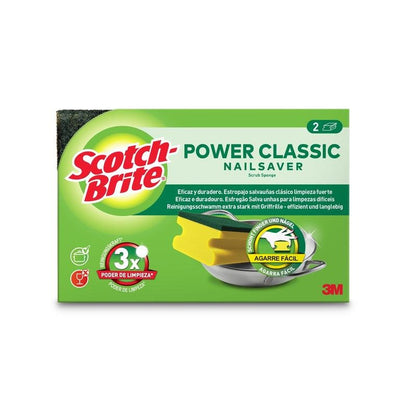 Uma caixa de esponjas com pega Scotch-Brite® Classic (2 peças por embalagem) da 3M Deutschland GmbH, com duas esponjas amarelo-verdes, marca visível, as principais características de desempenho de limpeza e texto em espanhol, português e alemão sobre fundo branco.