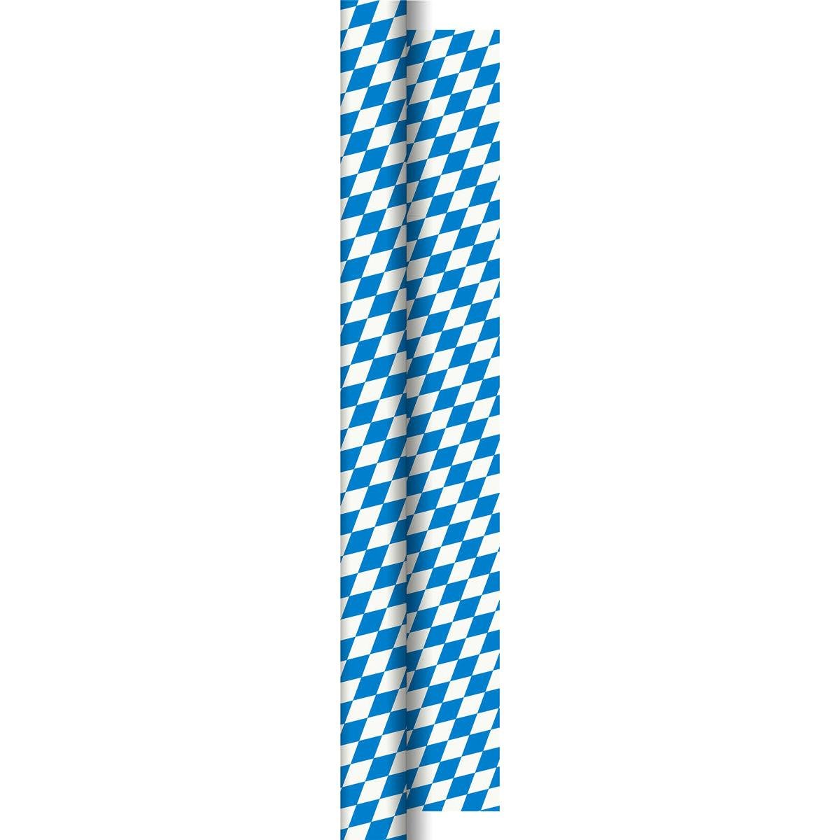Um rolo de decoração de mesa de papel 50x1,0m Bay. Raute da Duni GmbH com padrão clássico de losangos azul e branco bávaro sobre fundo branco - ideal para projetos criativos e decorações com tema Oktoberfest.