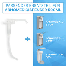 Links ist eine transparent-weiße ARNOMED DISPENSER DOSIERPUMPE Ersatzpumpe für Seifen- und Desinfektionsmittelspender der ARNOWA GmbH zu sehen, rechts sind die Modelle Arnomed Alu S-500, L-500 und ABS 500 Dosierpumpe abgebildet.