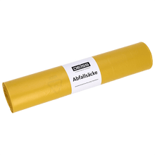 A imagem mostra um rolo de sacos de lixo amarelos DEISS Tipo 20 (575x1000 mm, 70 l, HDPE) da EMIL DEISS KG (GmbH + Co.) em fundo branco sólido, com a etiqueta branca visível.