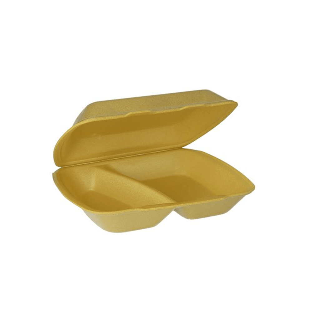 As caixas de menu Starpak XPS 2 compartimentos têm um design de concha de poliestireno amarelo com uma tampa dobrável que revela dois compartimentos. Estas caixas de menu são ideais para vendas para fora e oferecem conforto e fiabilidade para refeições para levar.