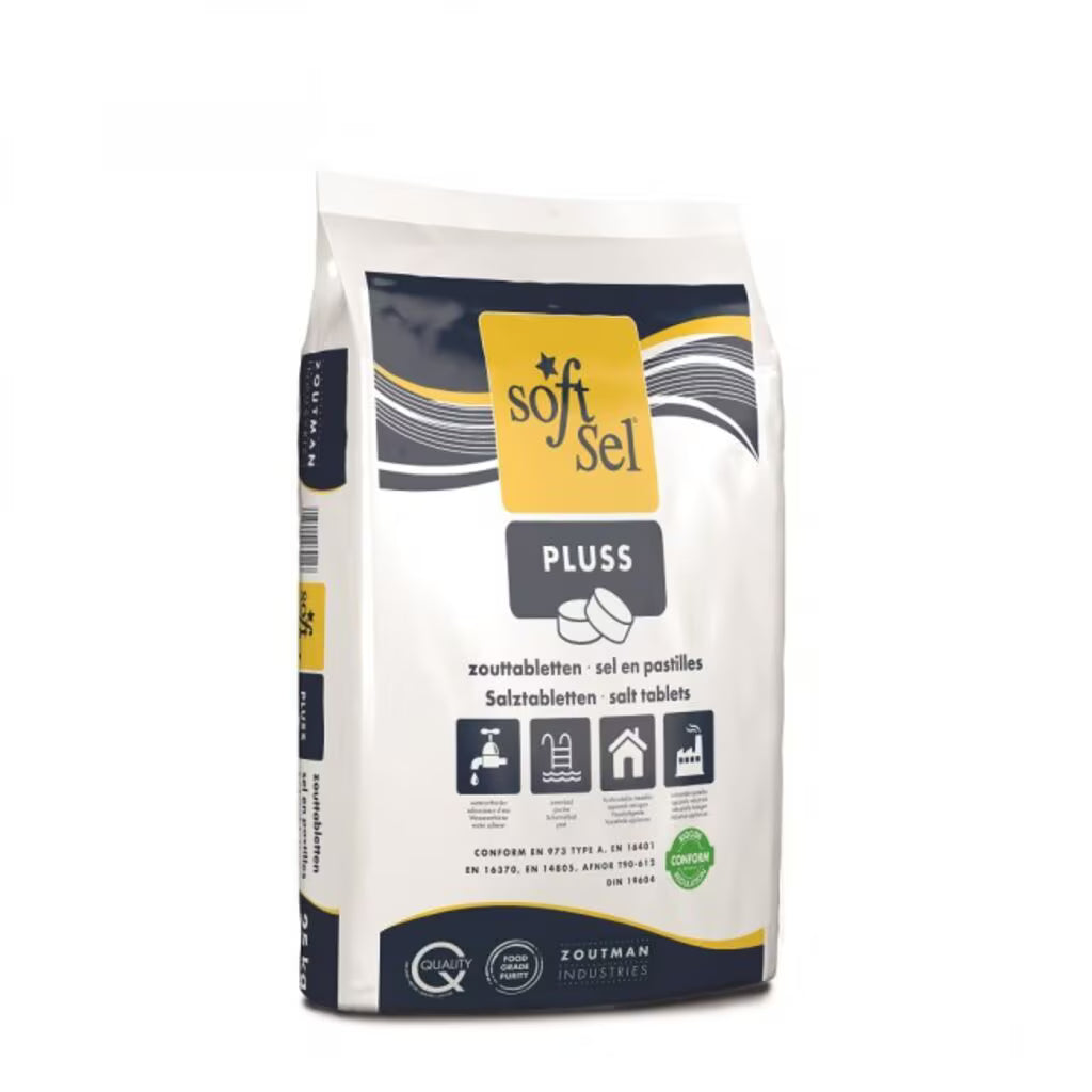 Um saco branco e amarelo de 25 kg com a inscrição "Pastilhas de Sal" para amolecimento de água está no chão, com texto multilíngue, símbolos de aplicação industrial e a marca "Diversey Deutschland GmbH & Co. OHG".