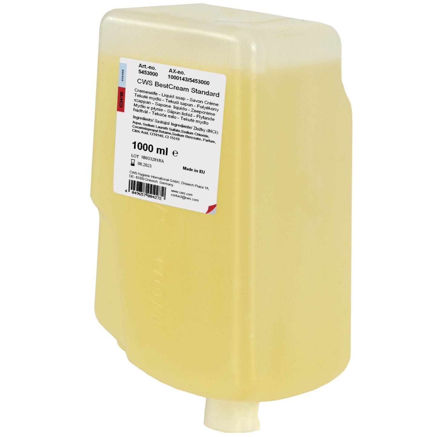 Um recipiente de recarga de creme de sabão CWS BestCream Standard retangular, semi-transparente e amarelo com rótulo branco, fórmula amiga da pele, capacidade de 1000 ml e pequena bica inferior para fácil limpeza manual.