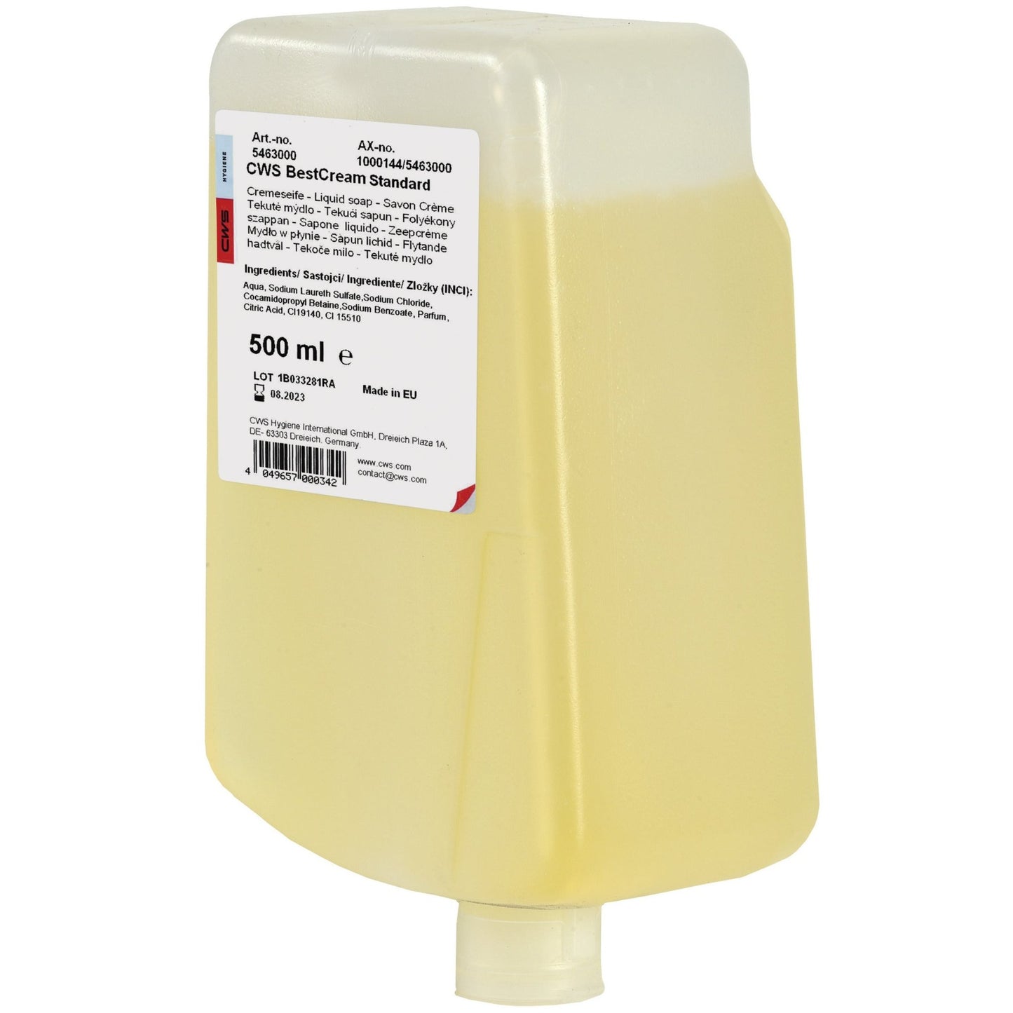 O creme de sabão CWS BestCream Standard da CWS vem num recipiente translúcido amarelo de 500 ml com rótulo branco, tampa angular e dispensador inferior. O creme de sabão compatível com a pele é ideal para uma limpeza suave das mãos.