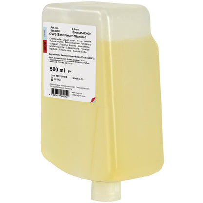 O creme de sabão CWS BestCream Standard da CWS vem num recipiente translúcido amarelo de 500 ml com rótulo branco, tampa angular e dispensador inferior. O creme de sabão compatível com a pele é ideal para uma limpeza suave das mãos.