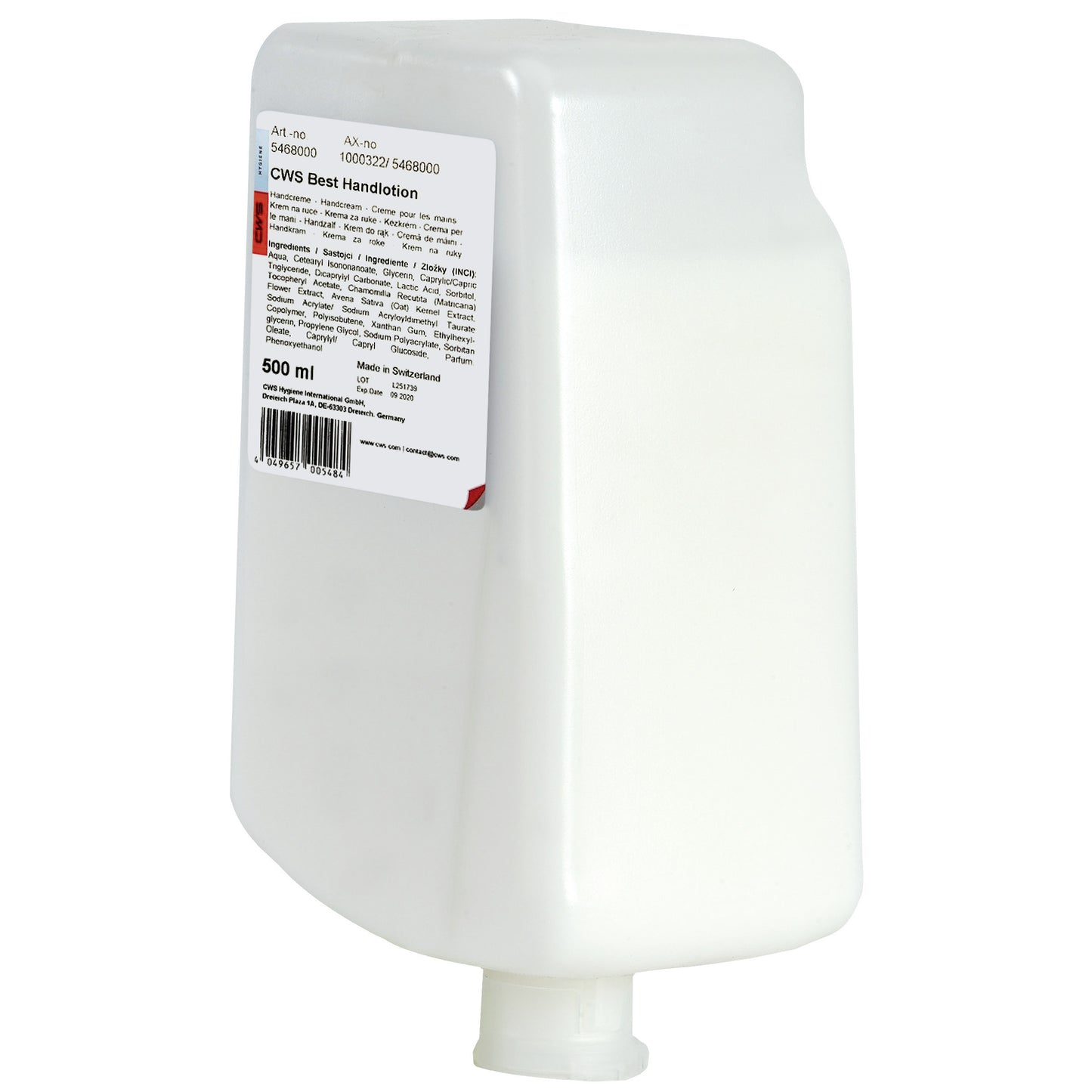 Garrafa branca retangular de 500 ml de loção para mãos CWS com informações do produto, código de barras e uma pequena válvula inferior para cuidados diários e de alta qualidade das mãos. Com a inscrição "CWS Loção para Mãos, Melhor Loção para Mãos 500 ml | Garrafa (500 ml)".