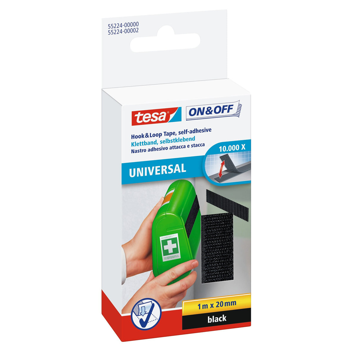 Fita de velcro tesa On & Off para colar, preta, 1 m x 20 mm
