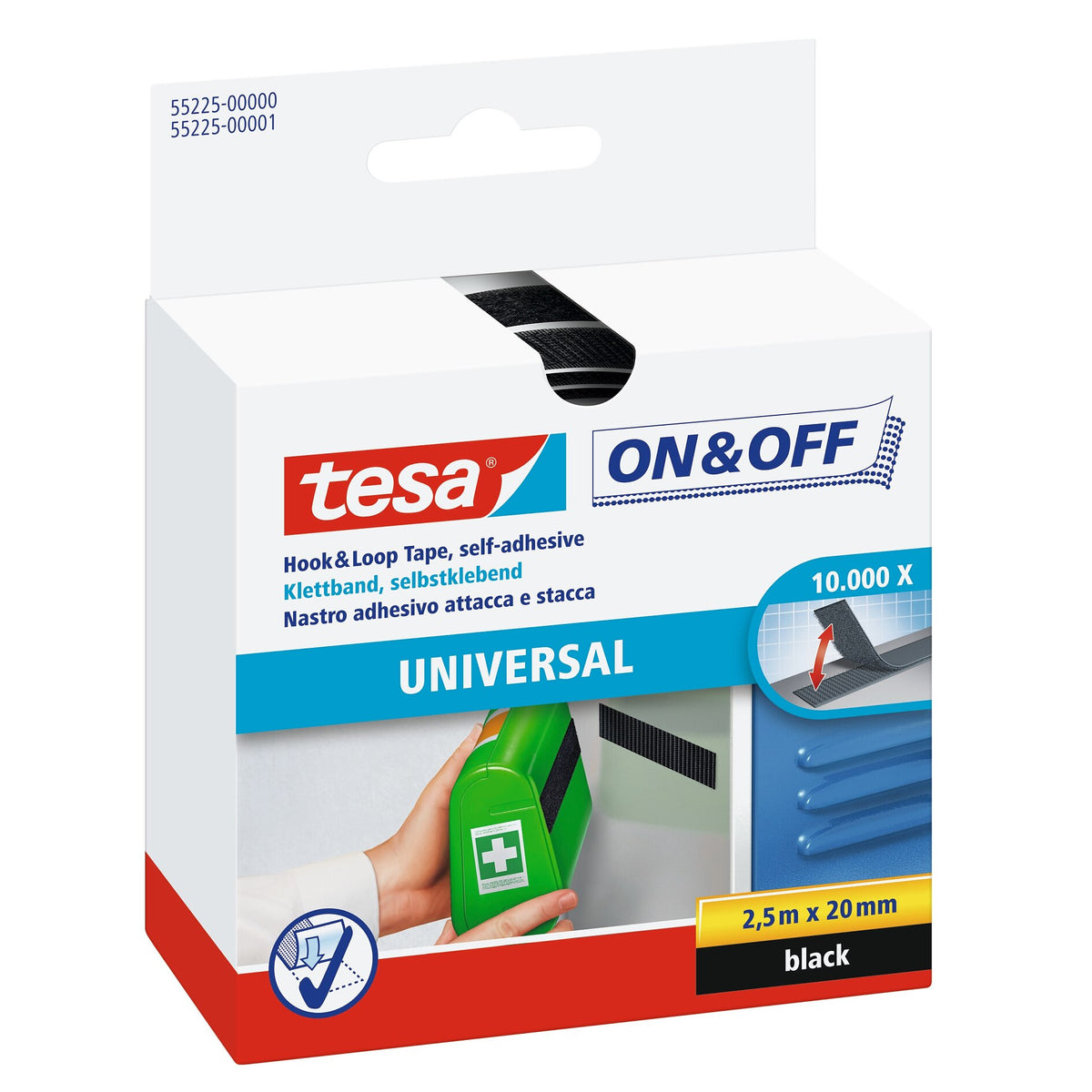 Fita de velcro tesa On & Off para colar, preta, 2,5 m x 20 mm