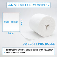 Abgebildet ist eine weiße Rolle ARNOMED DRY WIPES der ARNOWA GmbH. Jede Rolle hat 70 Blätter (30 x 28 cm), perfekt für die Oberflächenreinigung und zum Einweichen mit Desinfektionsmittel.
