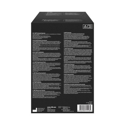 Na parte de trás da caixa preta da máscara de partículas 3M™ 8710E, FFP1 da 3M Deutschland GmbH, há instruções e informações do produto em várias línguas, texto branco em colunas, pequenos símbolos e um código de barras no canto inferior direito.