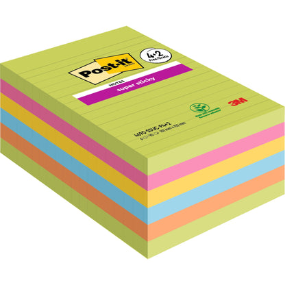 Eine Packung 3M Post-it® Super Sticky Notes im Großformat, liniert, 101 x 152 mm in verschiedenen Farben (90 Blatt/Block, 4 Blöcke + 2 Gratis), haftstark und PEFC-zertifiziert. Das Deckblatt zeigt Linien mit Post-it und 3M Logo.