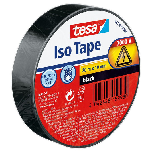 Fita isolante tesa SPVC para instalações elétricas, preta, 20 m x 19 mm