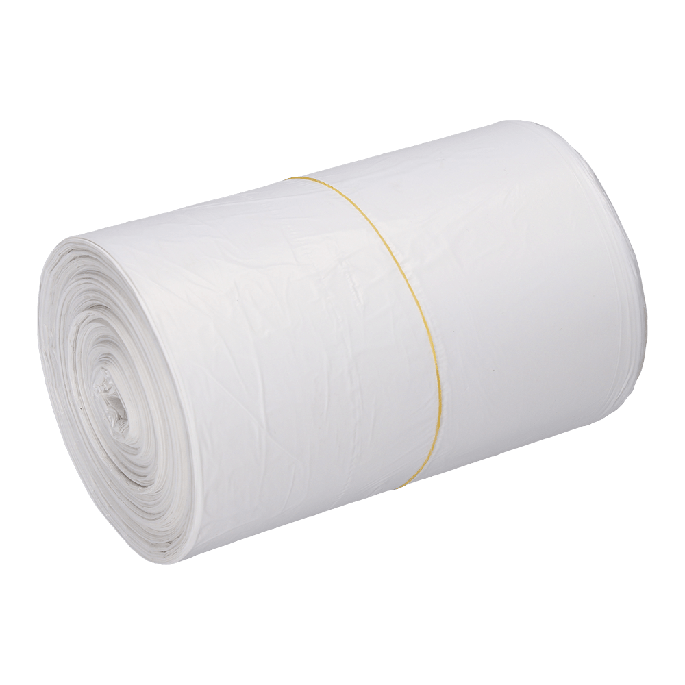 Um rolo de sacos de lixo EMIL DEISS KG (GmbH + Co.) DEISS 56820 (540x580x0,011 mm, branco) é bem enrolado e seguro com um elástico amarelo sobre fundo branco - ideal para uma eliminação de resíduos eficiente.
