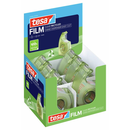 Dispensador manual tesa HAND DISPENSER EASY CUT RECYCLED, verde, com fita tesafilm Clear Recycled de 33 m x 19 mm, com etiqueta EAN
