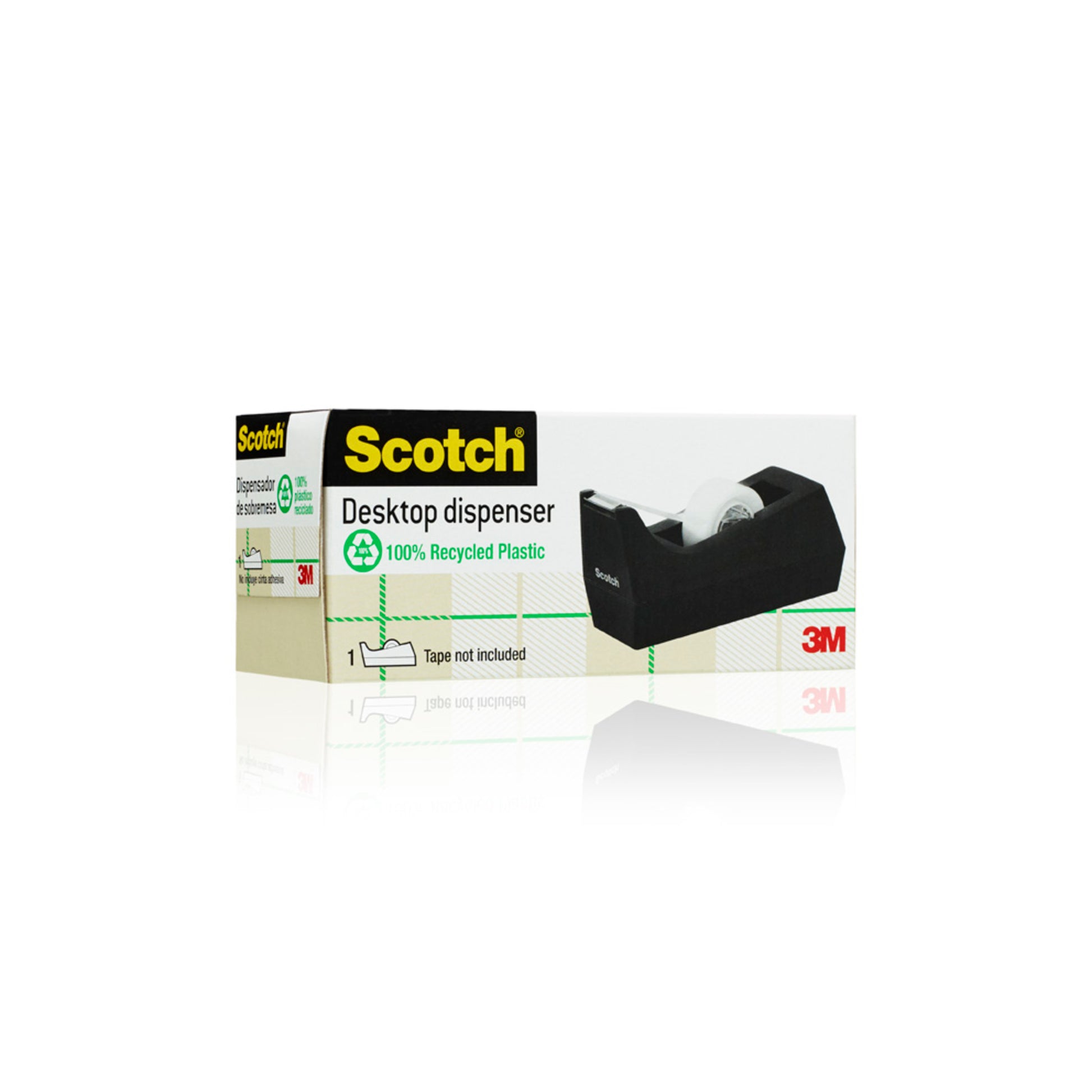 Der Scotch™ Schreibtisch-Klebebandabroller C38 in Schwarz von 3M Deutschland GmbH ist auf der Verpackung abgebildet; das Foto zeigt den schwarzen Abroller mit dem Hinweis "Tape not included" und dem 3M-Logo.