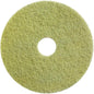 Das Diversey Twister Pad (gelb) von Diversey Deutschland GmbH & Co. OHG ist ein rundes, grob strukturiertes Restaurierungs-Pad mit Loch in der Mitte, ideal zur Reinigung und Restaurierung von Steinböden, aus der Vogelperspektive auf weißem Hintergrund.