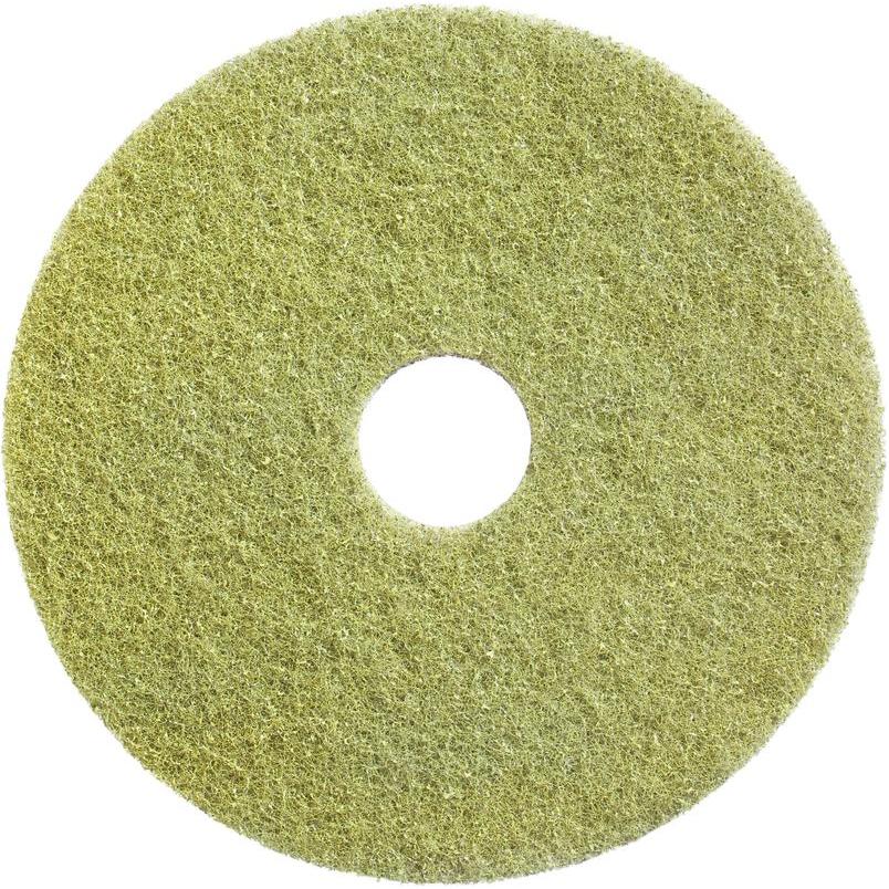 O Diversey Twister Pad (amarelo) da Diversey Deutschland GmbH & Co. OHG é um pad circular, fibroso e verde-amarelado com um furo central, ideal para limpeza e manutenção de pisos de pedra, representado sobre fundo branco.