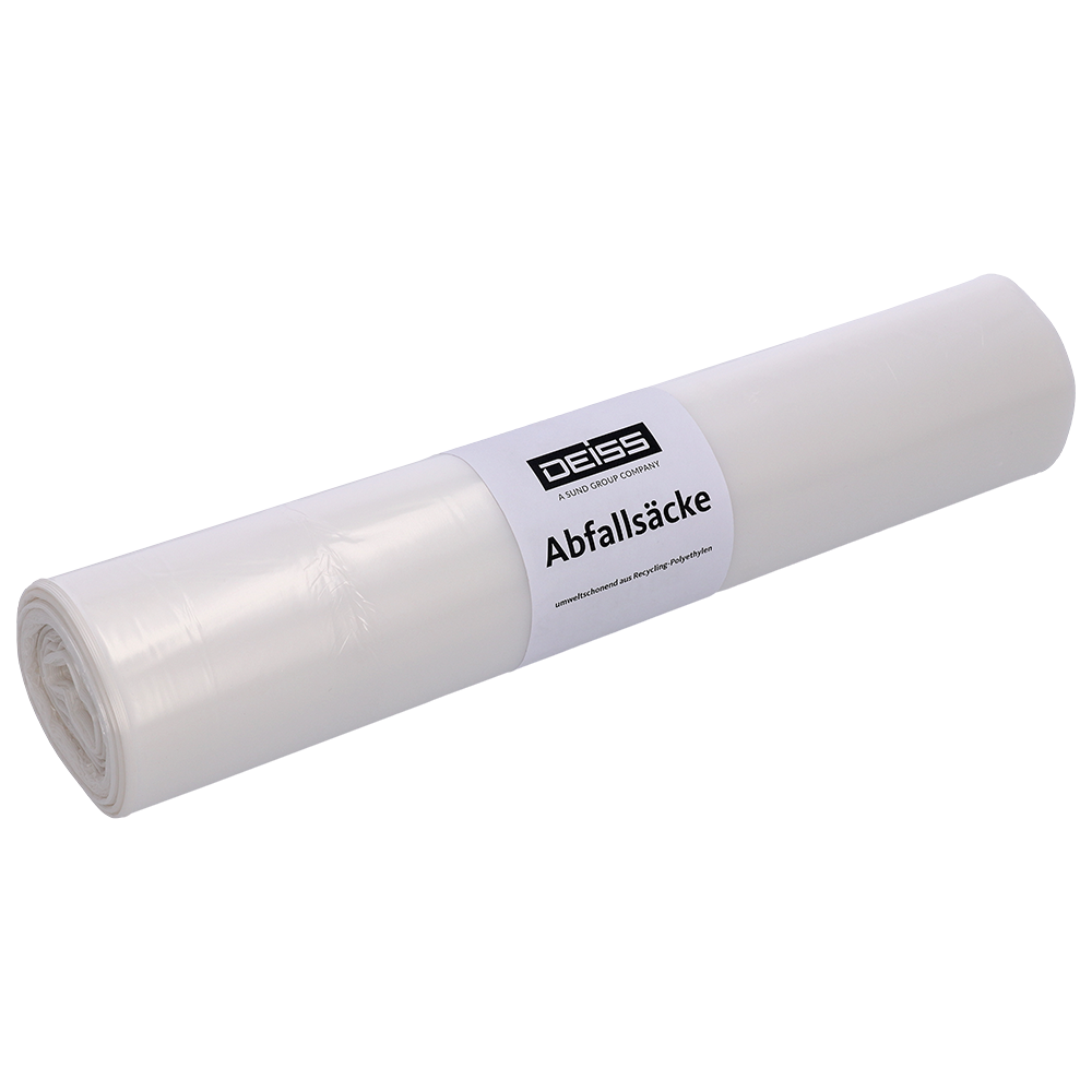 Abgebildet ist eine Rolle DEISS 59003 Müllbeutel (800x1000x0,02 mm, transparent, 50 Stück pro Rolle) der EMIL DEISS KG (GmbH + Co.) vor hellem Hintergrund - ideal für die hygienische Abfallentsorgung mit praktischen, transparenten Beuteln.