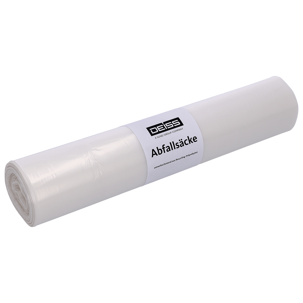 Um rolo branco da EMIL DEISS KG (GmbH + Co.) DEISS 59024 - saco de lixo transparente de 620x720 mm, embalagem com 50 unidades, está sobre um fundo claro. A etiqueta mostra o nome da marca e a descrição do produto em alemão.