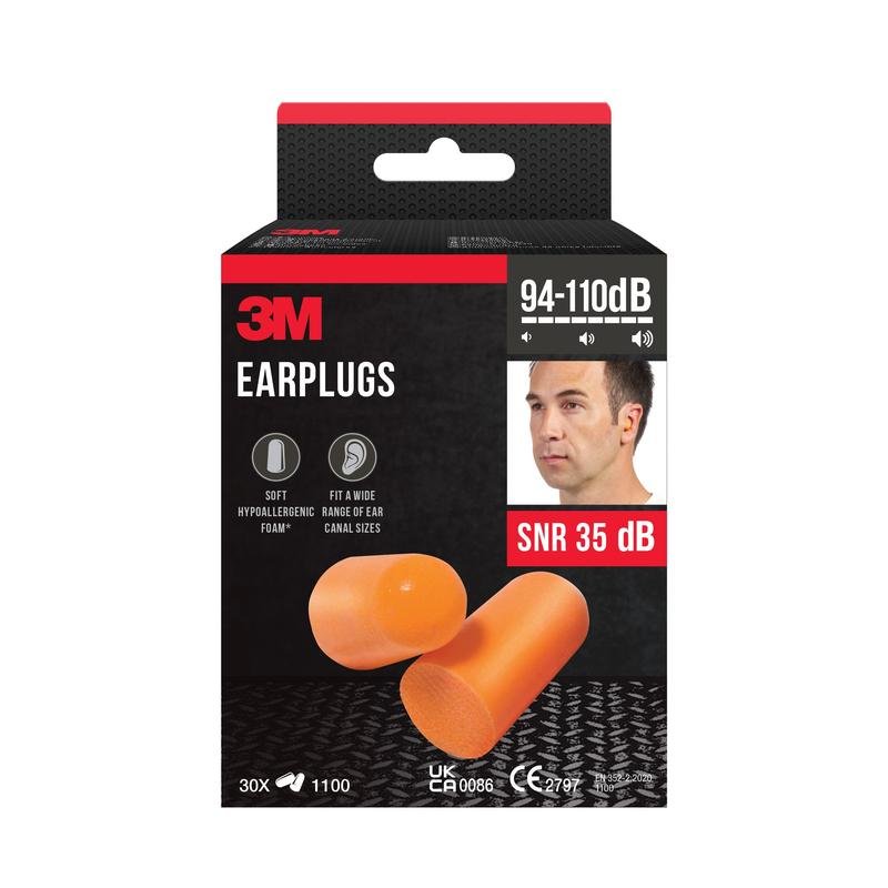 Uma caixa de tampões auditivos 3M™ 1100, espuma macia, valor SNR 35 dB, laranja da 3M Deutschland GmbH mostra uma imagem de tampões auditivos laranja, uma cabeça masculina no canto superior direito e um texto que destaca as especificações técnicas.