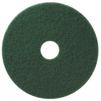 O TASKI Americo Pad Verde Almofada de Esfregar para Limpeza a Húmido e a Seco da Diversey Deutschland GmbH & Co. OHG é uma almofada redonda, verde escura, com textura áspera e furo central, ilustrada sobre um fundo branco.