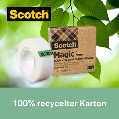 Um rolo de fita adesiva Scotch® Magic™ (19 mm x 30 m, 66% adesivo vegetal) da 3M Deutschland GmbH está pendurado na sua embalagem de "100% cartão reciclado", destacando materiais vegetais.
