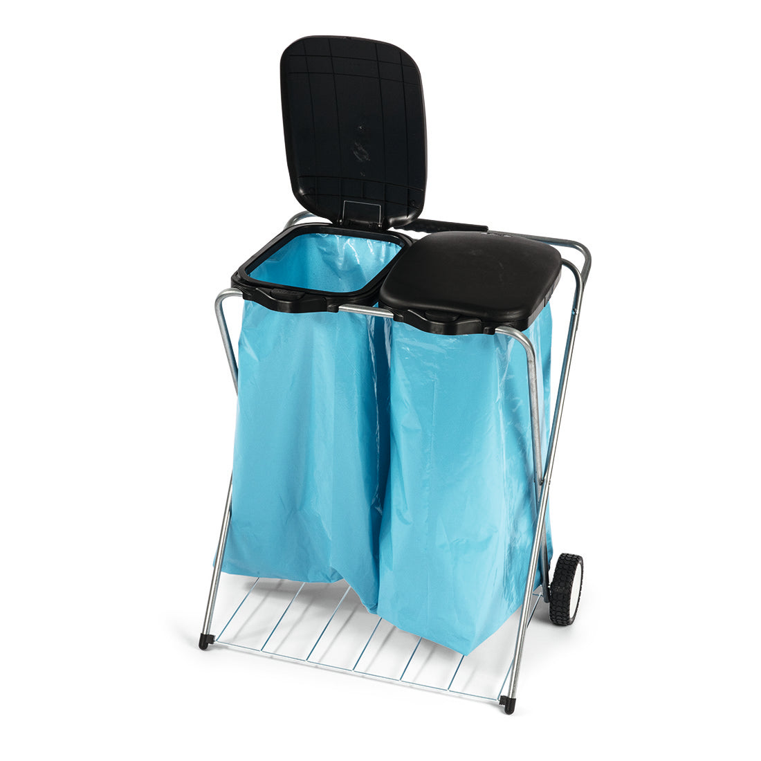 Der Nölle Profi Abfallsammler fahrbar, 2-fach (66x37x78 cm) von Nölle Profi Brush Bürsten- & Pinseltechnik e.K. bietet zwei Metallfacher mit schwarzen Deckeln und Rollen für einfache Mülltrennung und Mobilität.