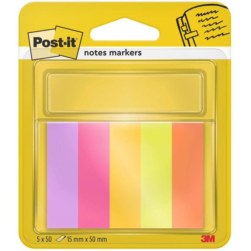 O marcador de página Post-it® da 3M Deutschland GmbH contém cinco blocos (lilás, rosa, laranja, amarelo, verde), cada um com 15 mm x 50 mm com 50 folhas por bloco e é feito de material 100% certificado PEFC.