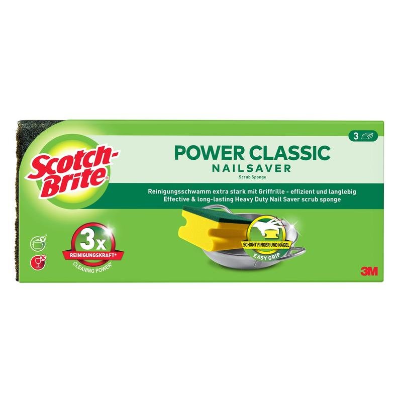 Uma caixa retangular de esponja com cabo Scotch-Brite® Classic da 3M Deutschland GmbH com imagens do produto, marca e informações para limpeza eficaz em alemão e inglês.