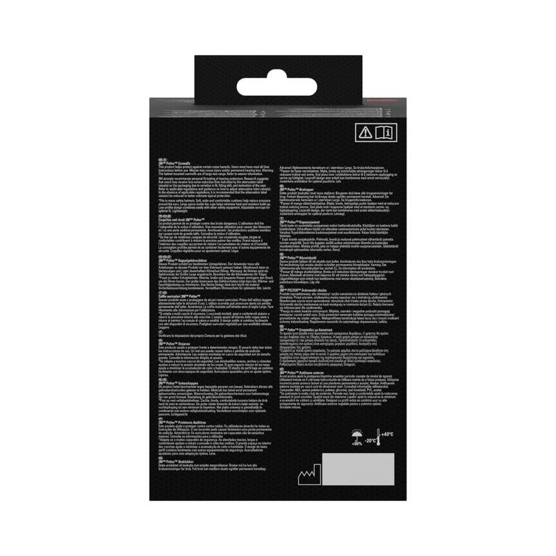 A imagem mostra a parte de trás de uma caixa preta do protetor auditivo com cápsula 3M™ PELTOR™ Optime™ I para capacete H510P3E da 3M Deutschland GmbH, SNR 26 dB, em amarelo. Texto branco em várias línguas, símbolos de segurança e um gráfico de faixa de temperatura são visíveis.