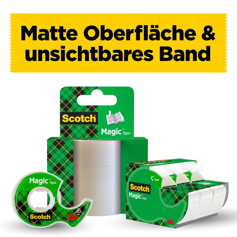 Um display da 3M Deutschland GmbH com recarga de fita adesiva invisível Scotch® Magic™ 8-1925R3 (19 mm x 25 m, 3 rolos/embalagem) em embalagem xadrez verde. No topo, um banner amarelo diz "Superfície mate & fita invisível".