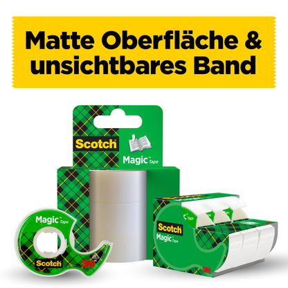 Scotch® Magic™ Unsichtbares Klebeband (19 mm x 25 mm) von 3M Deutschland GmbH im grünen Plaiddesign wird mit einem Handabroller gezeigt. Darüber steht: "Matte Oberfläche & unsichtbares Band.