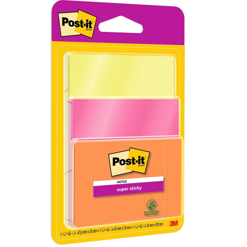 Uma embalagem de Notas Adesivas Super Sticky Post-it® 3M (76x76 mm, 45 folhas cada, 3 blocos/embalagem) em várias cores, 100% certificado PEFC (SGSCH-PEFC-COC-110078), em embalagem transparente com o logotipo da 3M Deutschland GmbH.