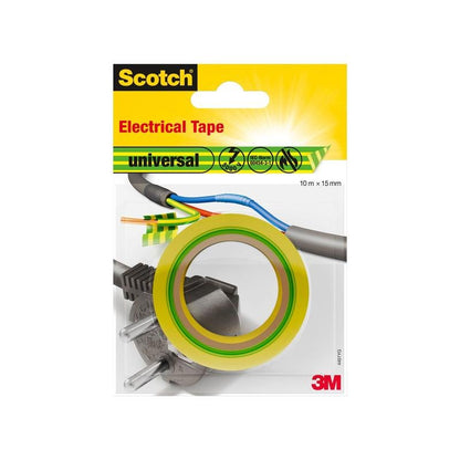 Uma embalagem de fita isolante universal Scotch® (10 m x 15 mm) da 3M Deutschland GmbH, que mostra um rolo de fita adesiva verde-amarela com imagens de fios elétricos e uma ficha na embalagem.