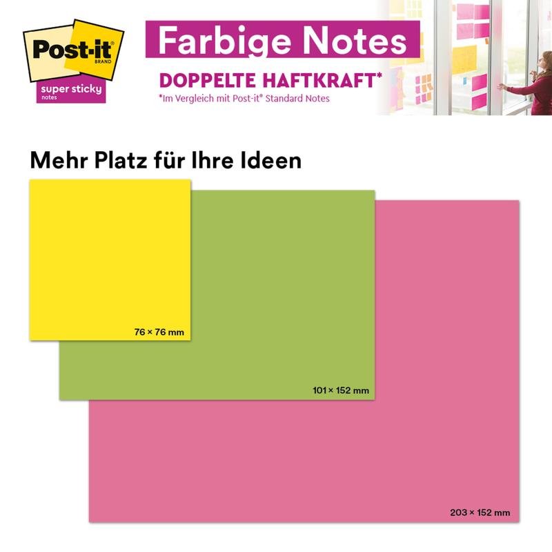 Compare três notas para reuniões Post-it® Super Sticky certificadas pelo PEFC da 3M em cores neon (amarelo 76x76mm, verde 101x152mm, rosa 203x152mm), enquanto alguém cola uma grande nota adesiva neon (203x152mm) numa parede de vidro.