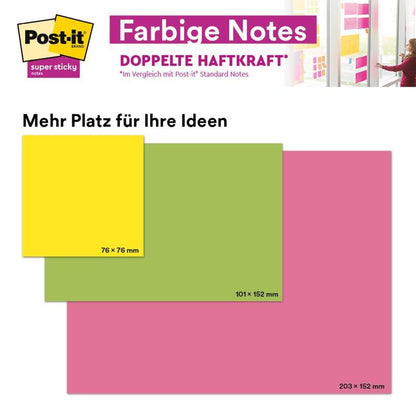 Compare três notas para reuniões Post-it® Super Sticky certificadas pelo PEFC da 3M em cores neon (amarelo 76x76mm, verde 101x152mm, rosa 203x152mm), enquanto alguém cola uma grande nota adesiva neon (203x152mm) numa parede de vidro.