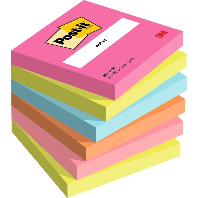 Um conjunto de sete blocos de notas Post-it® 3M (76 mm x 76 mm, cada um com 100 folhas, 100% PEFC) em várias cores da 3M Deutschland GmbH.
