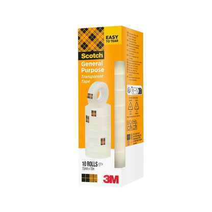 Uma caixa de Fita Adesiva Transparente Scotch® 508 da 3M Deutschland GmbH contém 10 rolos (15 mm x 10 m) em uma embalagem branco-laranja com ilustrações verticais da fita adesiva empilhada e informações do produto.