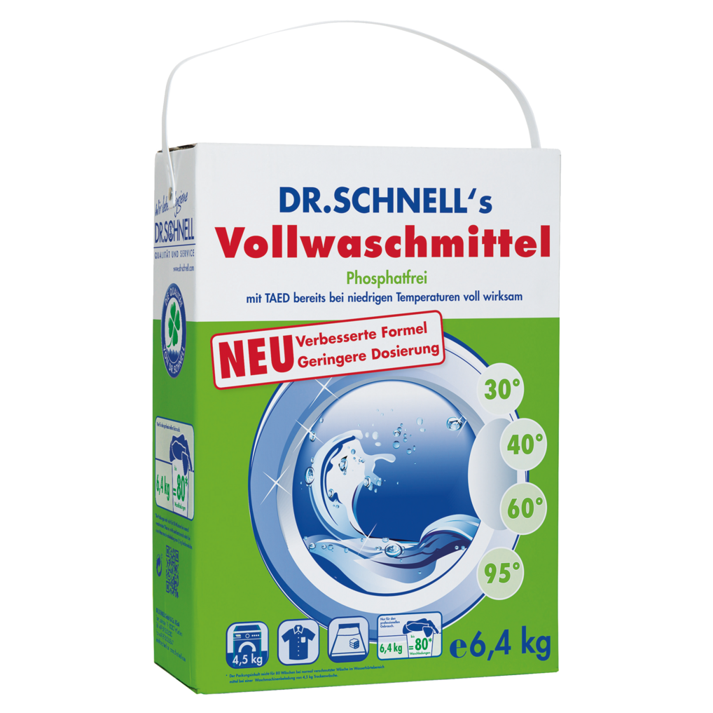 Eine 6,4 kg-Packung DR.SCHNELL GmbH & Co. KGaA's DR.SCHNELL'S VOLLWASCHMITTEL Waschmittel mit Griff, in grün-weißer Verpackung mit blauen Akzenten, geeignet für 30°C bis 95°C professionelle Reinigung.