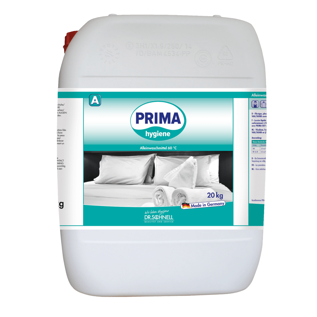 Ein weißer 20 kg Kunststoffbehälter mit der Aufschrift "Dr. Schnell PRIMA HYGIENE" der DR.SCHNELL GmbH & Co. KGaA, abgebildet mit gefalteten Handtüchern und Kopfkissen. Auf dem Etikett steht professionelle Reinigung und made in Germany.