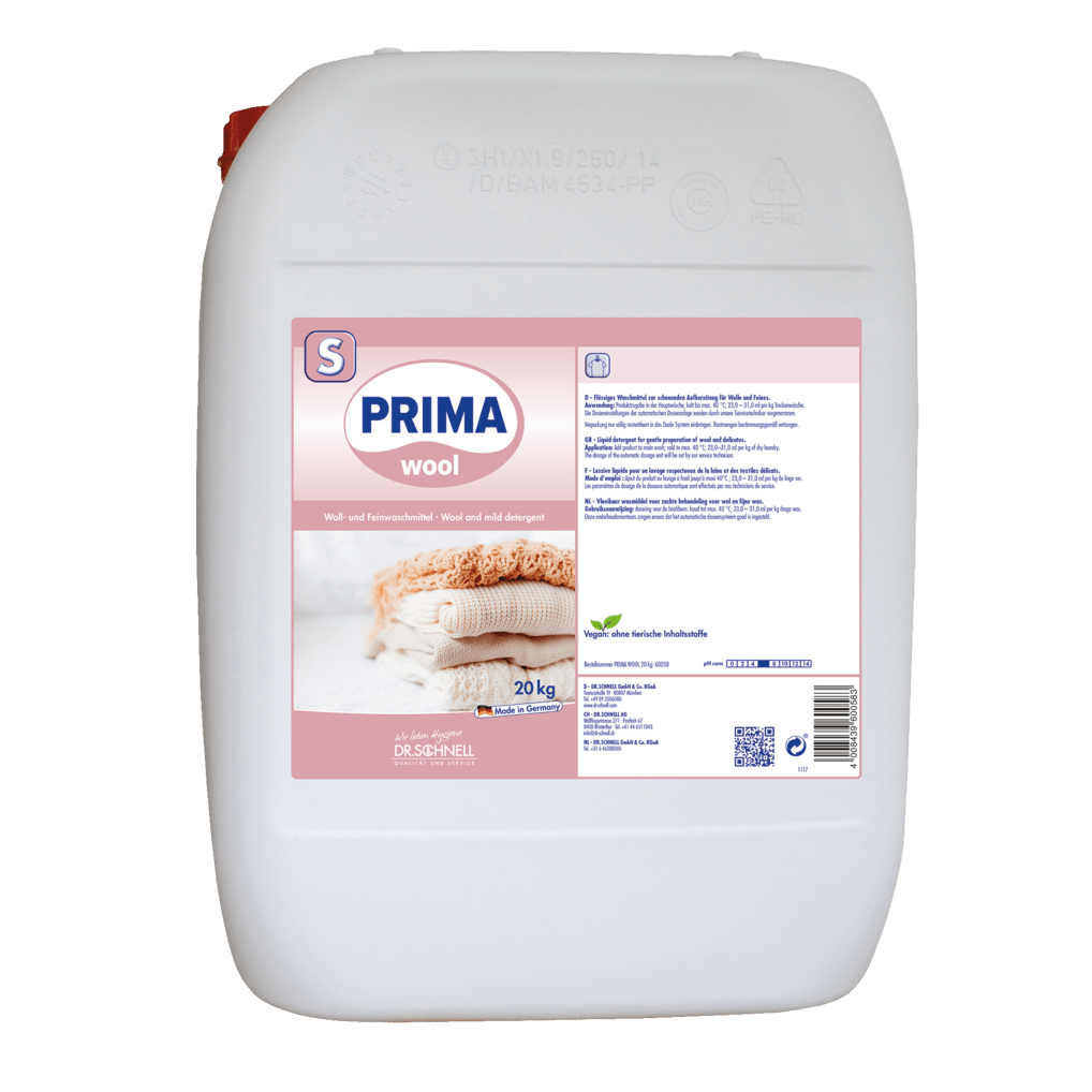 Um recipiente branco de 20 kg Dr. Schnell PRIMA WOOL Detergente Líquido para Lã e Delicados da DR.SCHNELL GmbH & Co. KGaA, limpa higienicamente lã e delicados com informações sobre o produto e instruções de uso no rótulo.