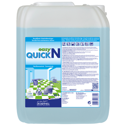 Ein 10-Liter-Gebinde Dr. Schnell EASY QUICK der DR.SCHNELL GmbH & Co. KGaA zeigt auf seinem Etikett Hinweise, Anwendungssymbole und Bilder von sauberen Oberflächen und eignet sich damit als vielseitiger Reiniger für den professionellen Einsatz.