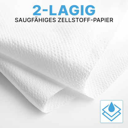 Zwei Blätter ARNOMED PAPIERHANDTÜCHER 25 x 23 cm | V-FALZ der ARNOWA GmbH zeigen ihre saugfähige, 2-lagige Zellulosetextur - ideal für Waschräume. Das Bild zeigt ein blaues Icon aus gestapelten Blättern mit einem Wassertropfen.