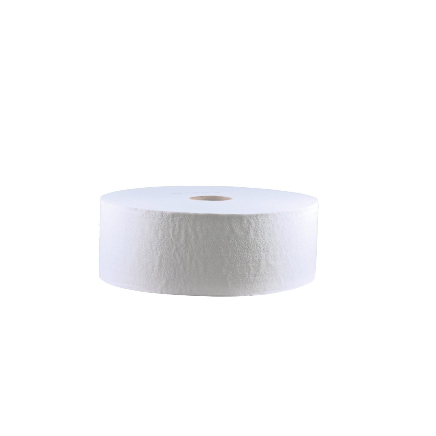 Um rolo grande de papel higiénico reciclado CWS, perfurado, branco, 2 camadas | Caixa (6 rolos) da CWS é mostrado de lado contra um fundo branco simples.